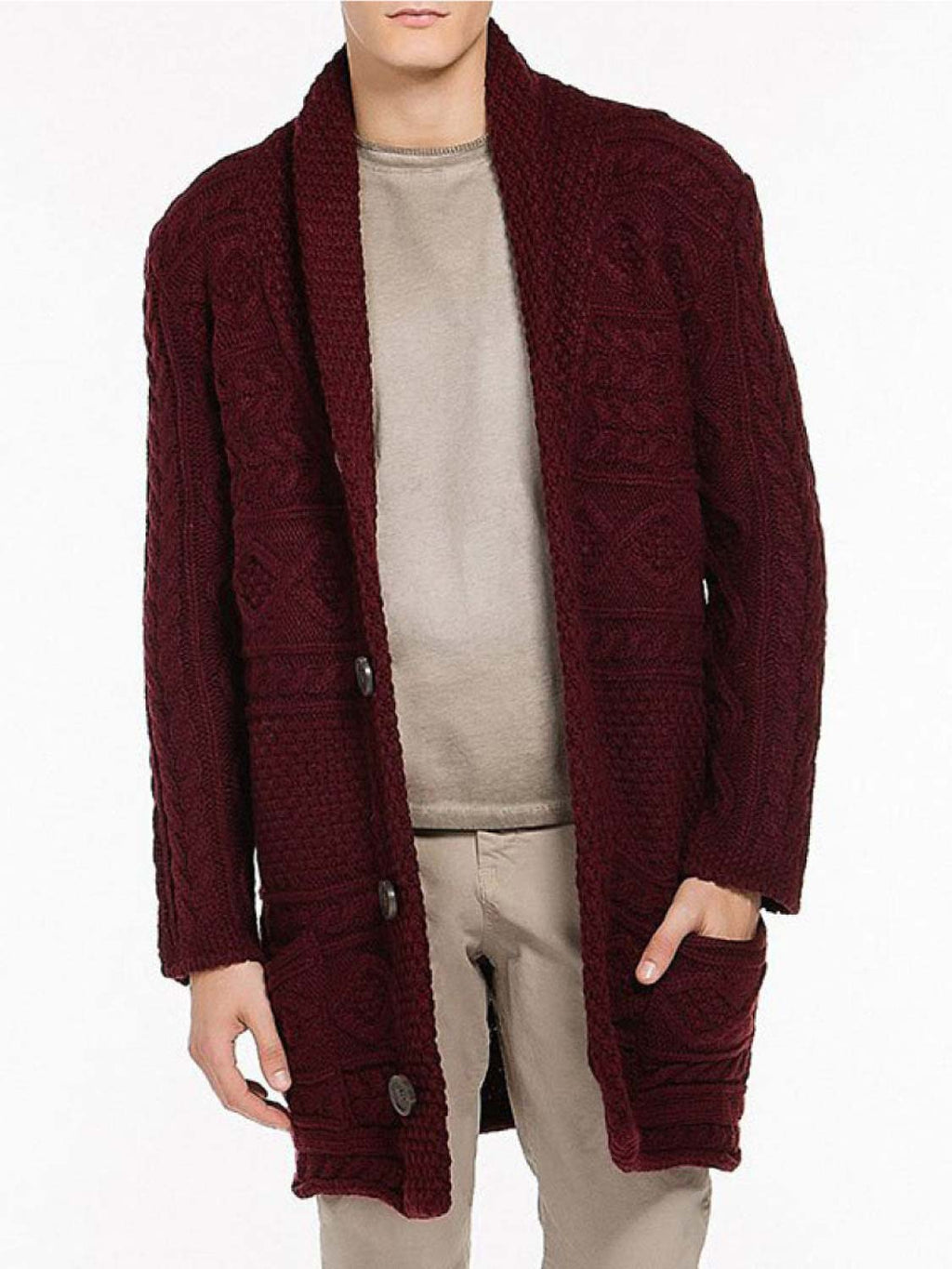 Button Front Shawl Collar Wool Blend Cardigan Burgundy | B