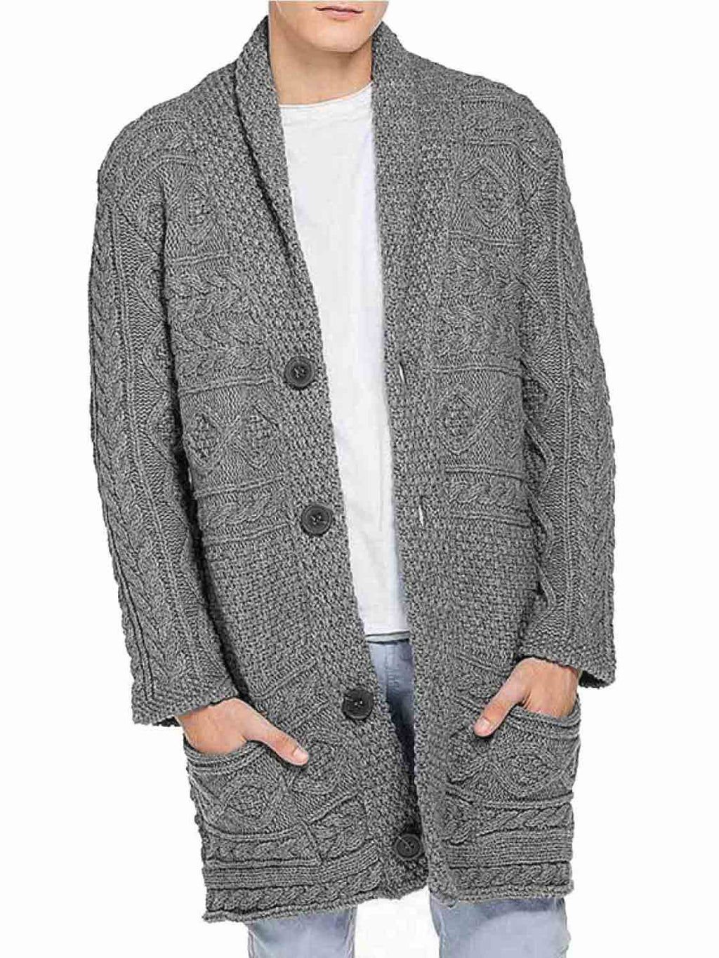 Button Front Shawl Collar Wool Blend Cardigan Grey | B