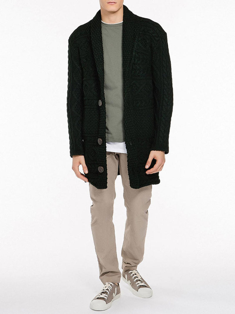 Button Front Shawl Collar Wool Blend Cardigan Forest Green | D
