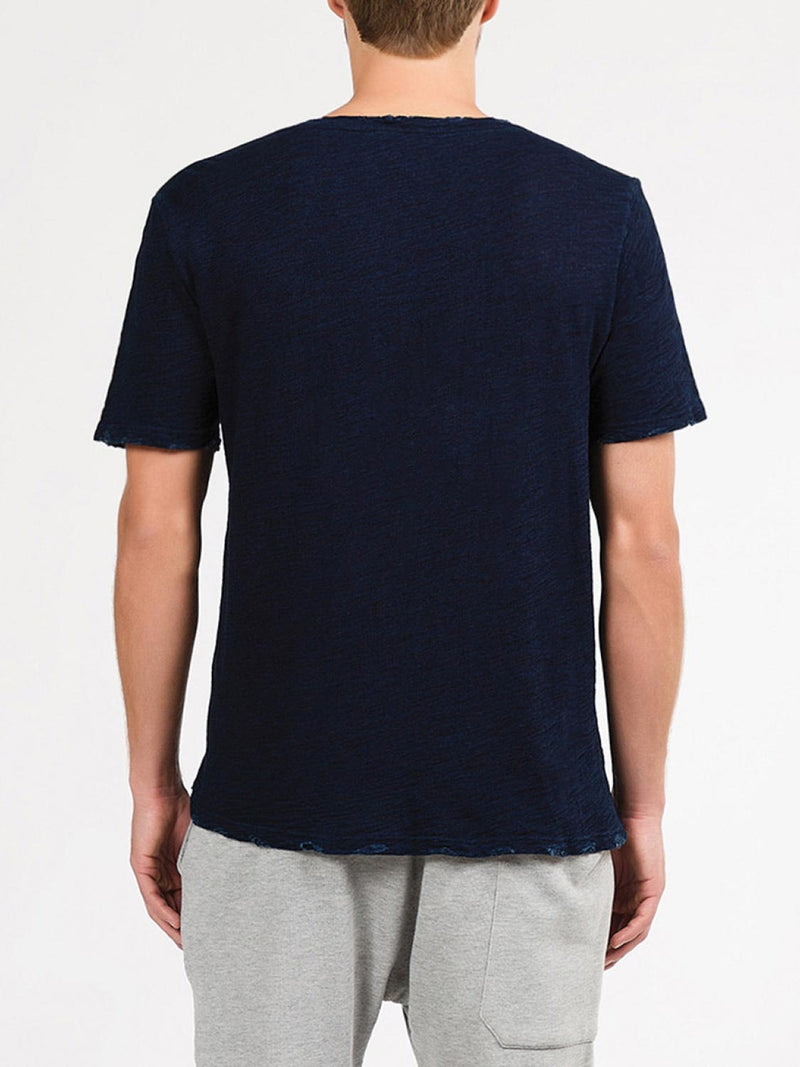 Crew Neck Cotton Distressed Indigo T-shirt | C