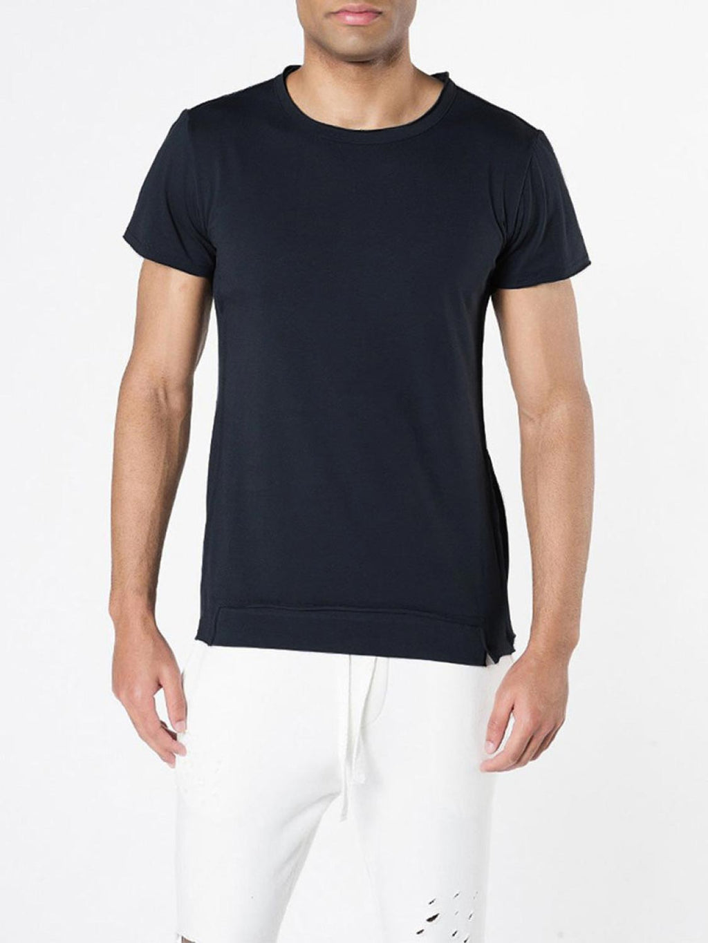 Crew Neck Raw Edged Organic Cotton T-shirt Navy Blue | B