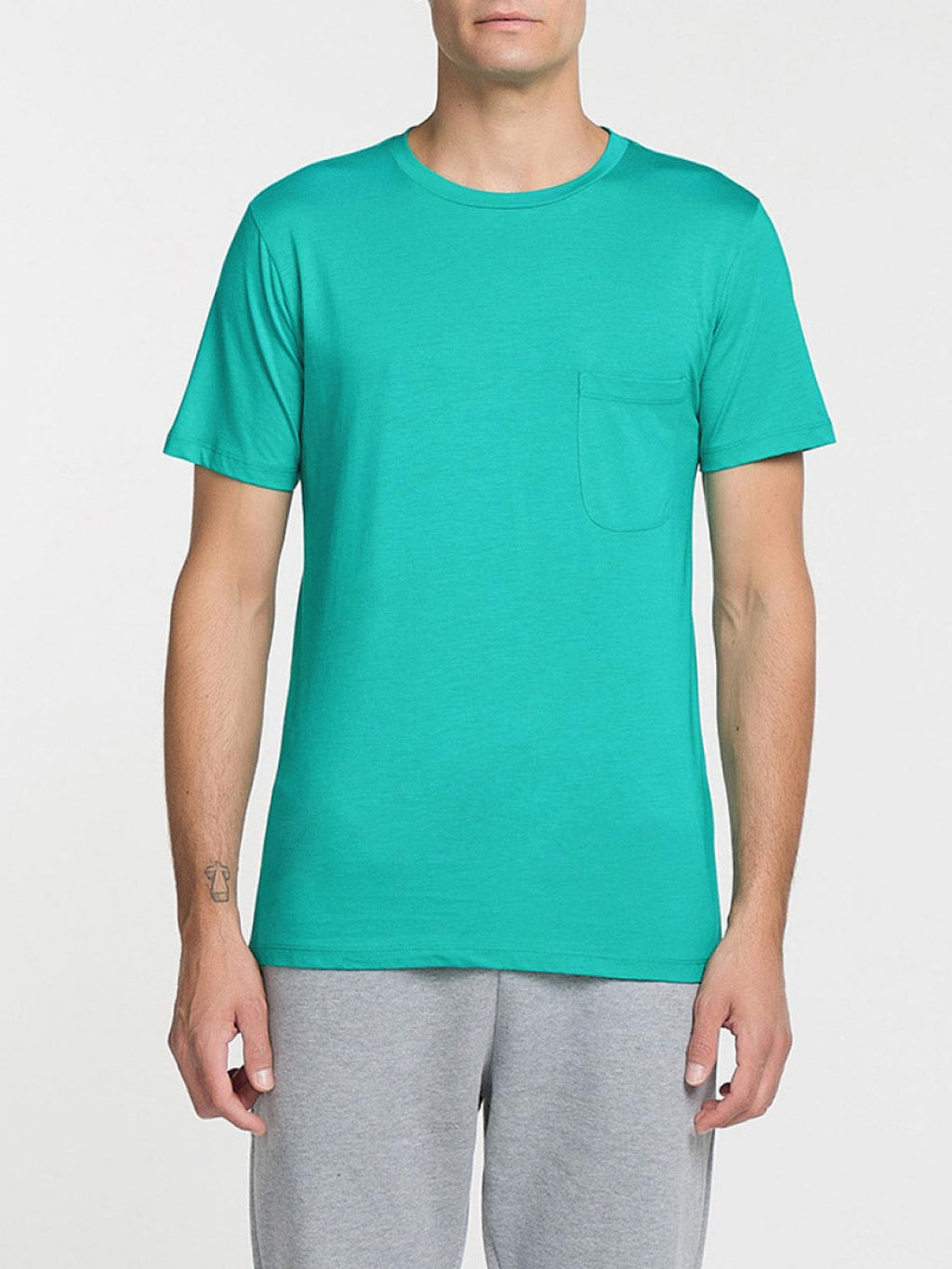 Crew Neck Modal-Blend Pocket T-shirt Cyan