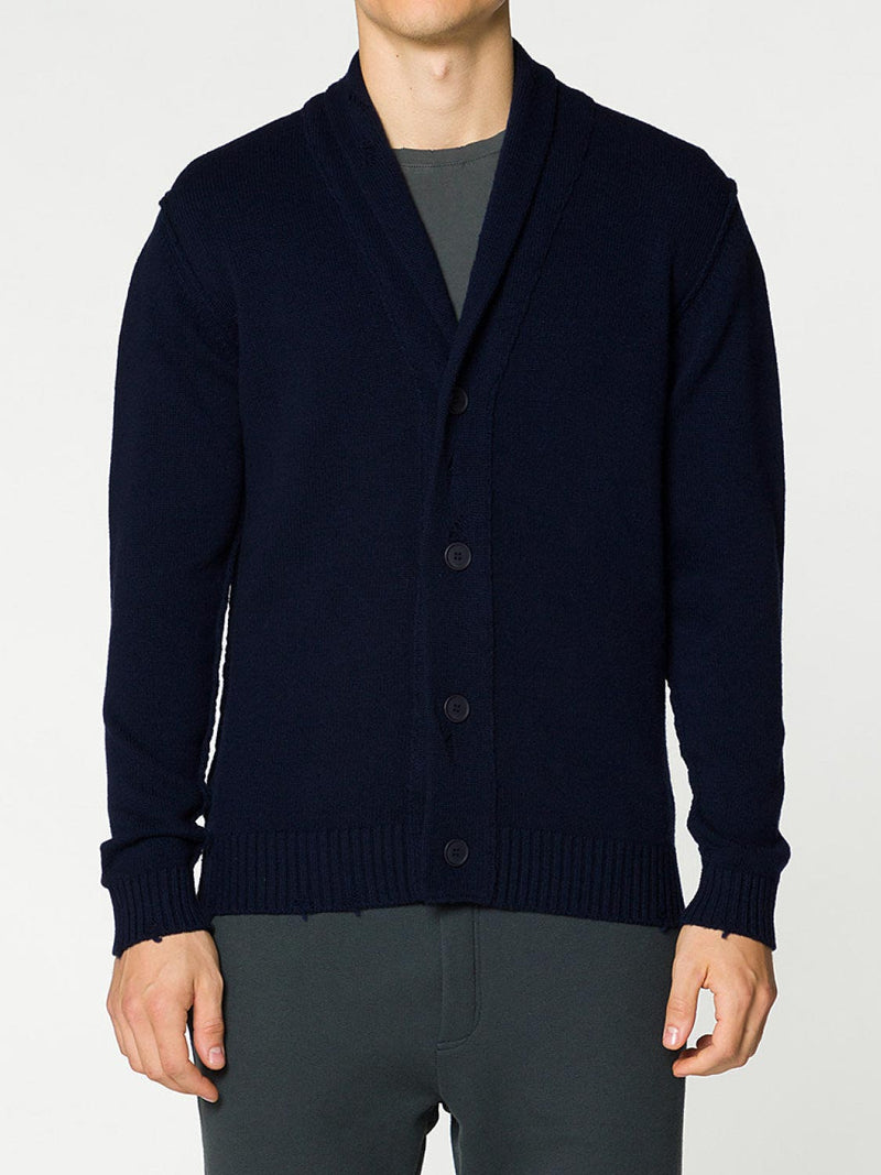 Shawl Collar Distressed Cardigan Virgin Wool Navy | B
