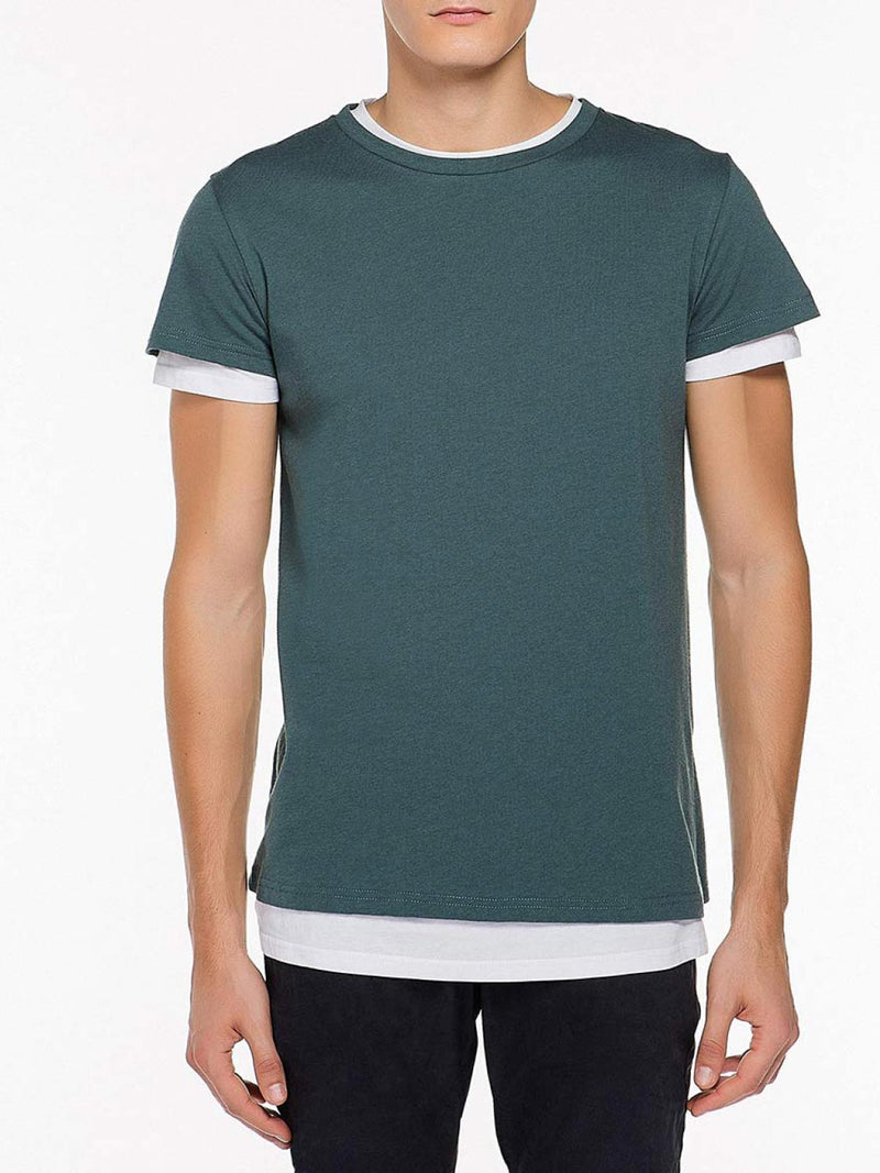 Double Crew Neck Wool Blend T-Shirt Petrol | B