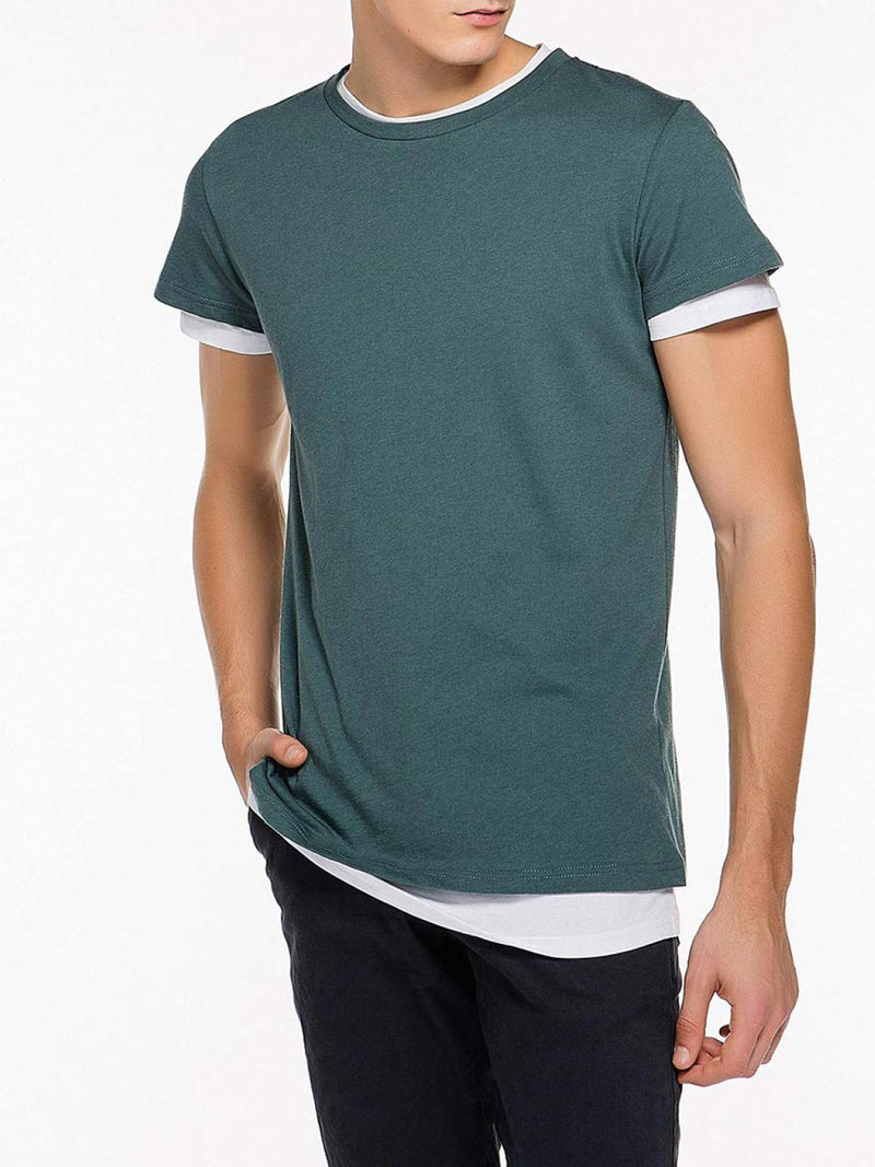 Double Crew Neck Wool Blend T-Shirt Petrol | C