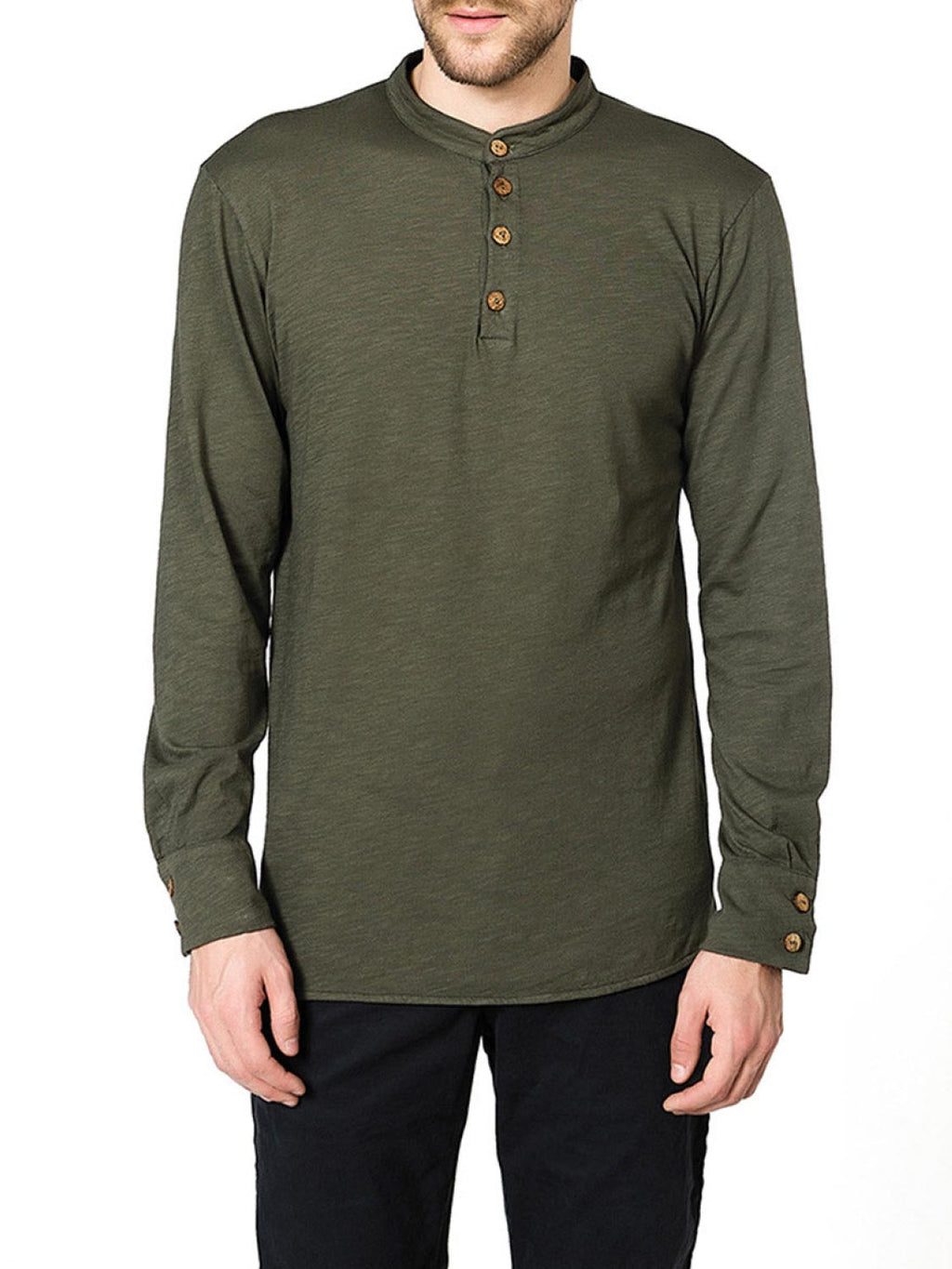 Henley Organic Cotton Slub Long Sleeve T-shirt Khaki