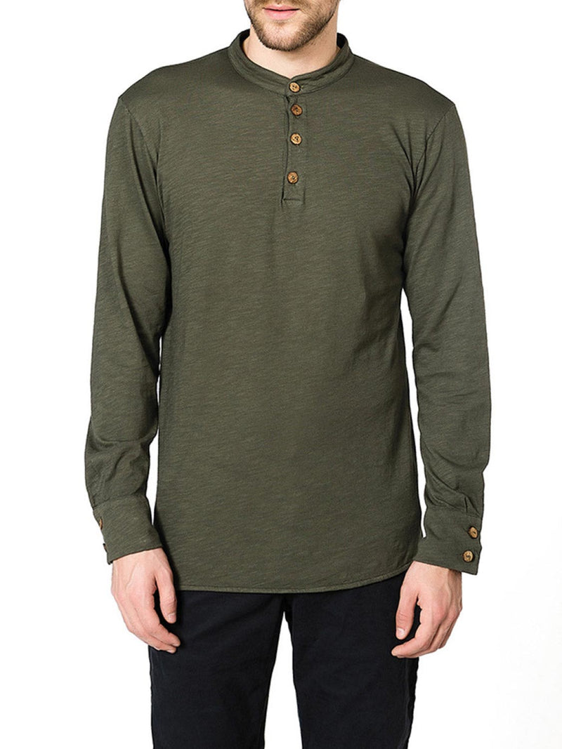 Henley Organic Cotton Slub Long Sleeve T-shirt Khaki | B