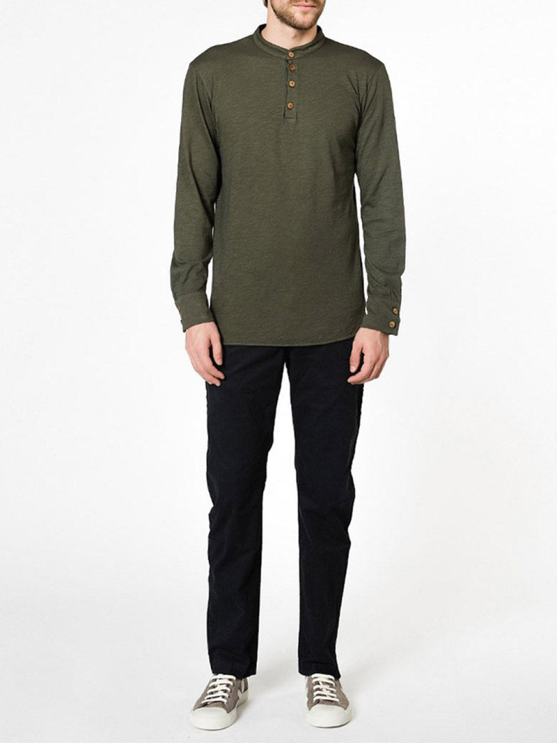 Henley Organic Cotton Slub Long Sleeve T-shirt Khaki | E