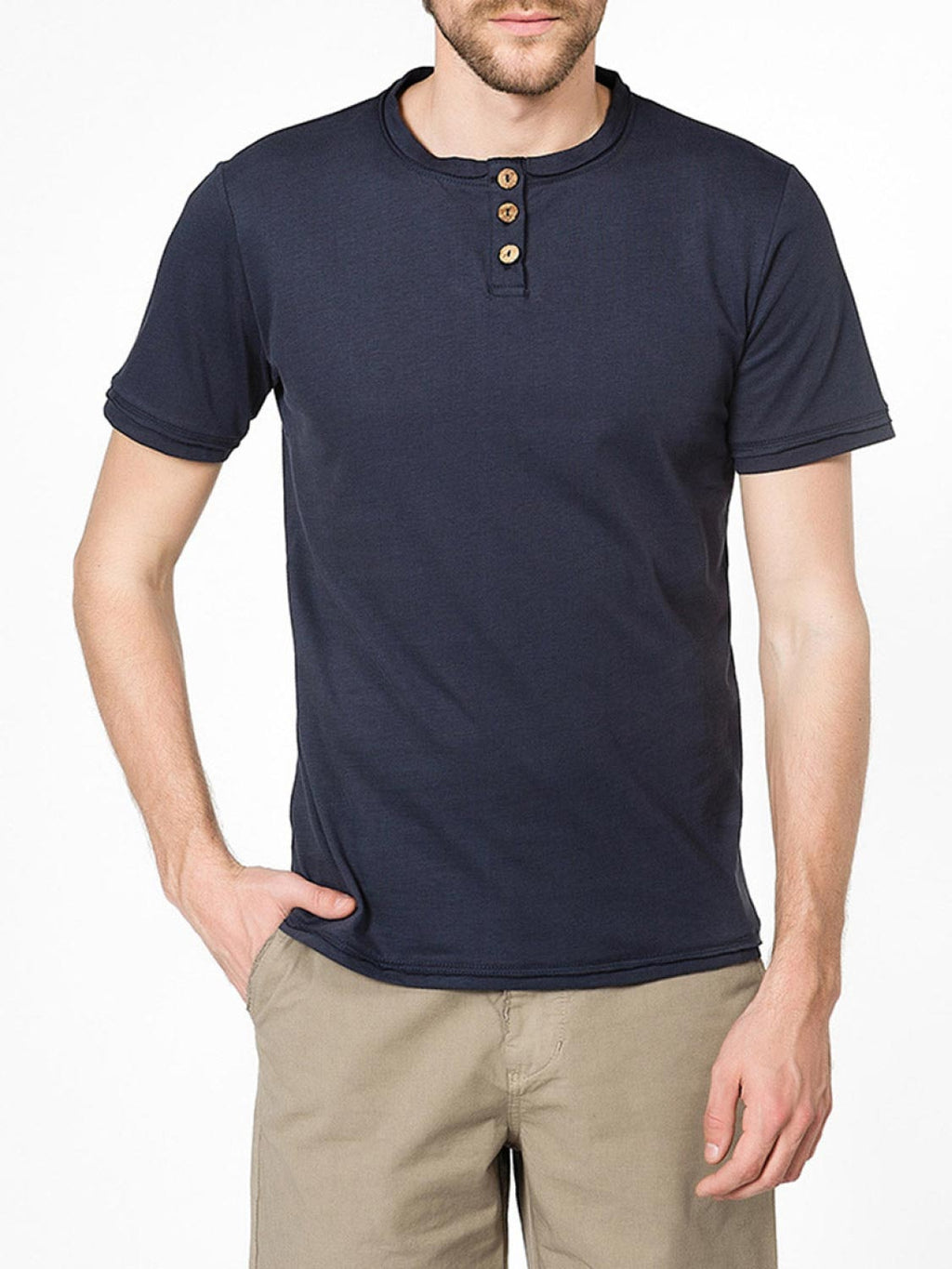 Organic Cotton Short Sleeve Henley T-shirt Navy Blue | B