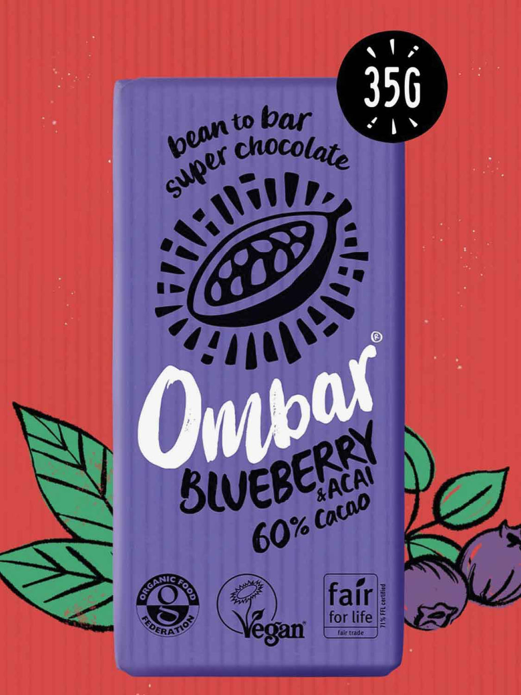 Ombar Blueberry and Acai Raw Ecuadorian Chocolate Bar | B