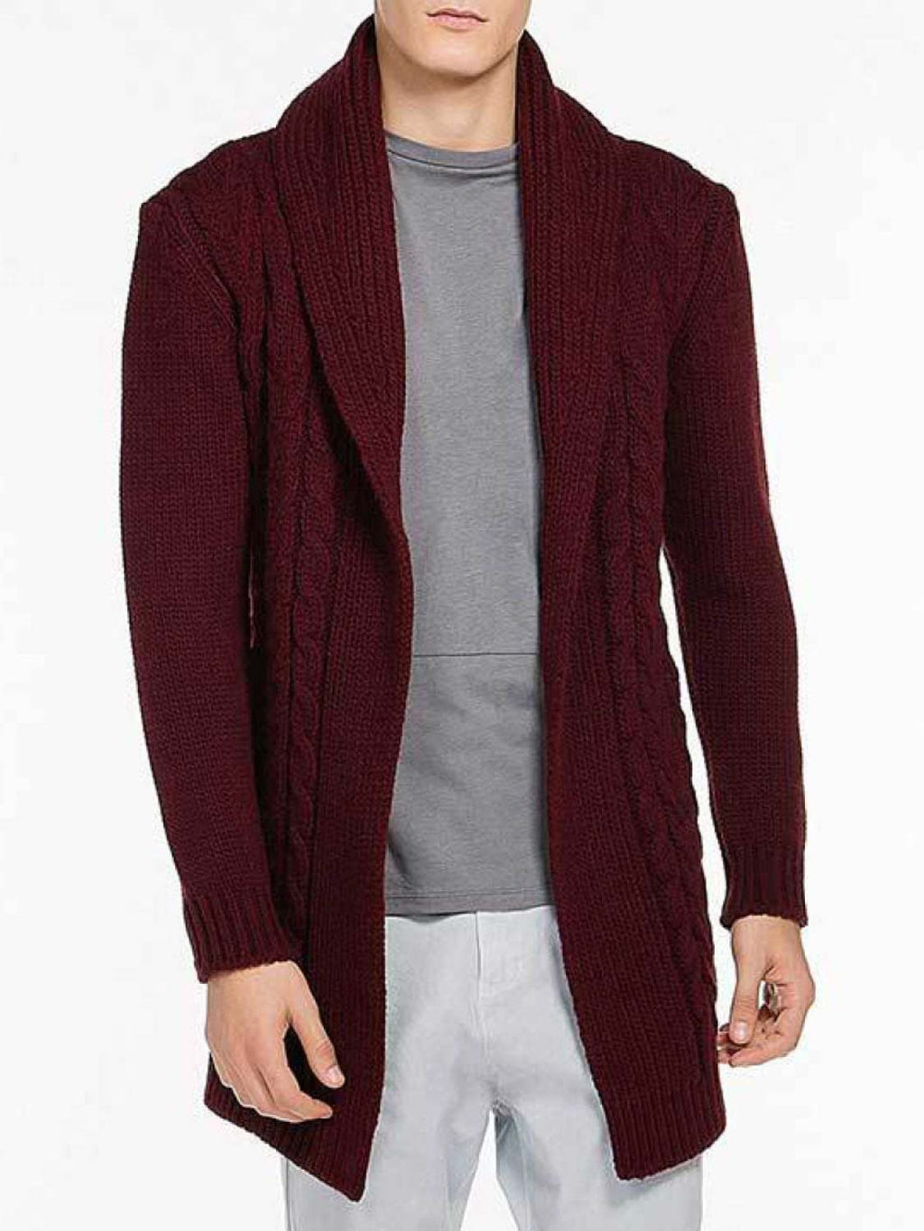 Shawl Collar Wool Blend Belted Cardigan Burgundy | B
