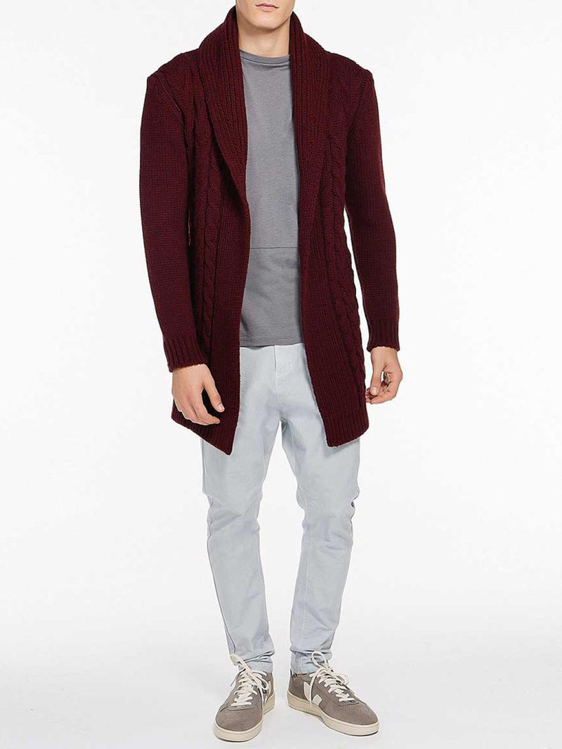 Shawl Collar Wool Blend Belted Cardigan Burgundy | E