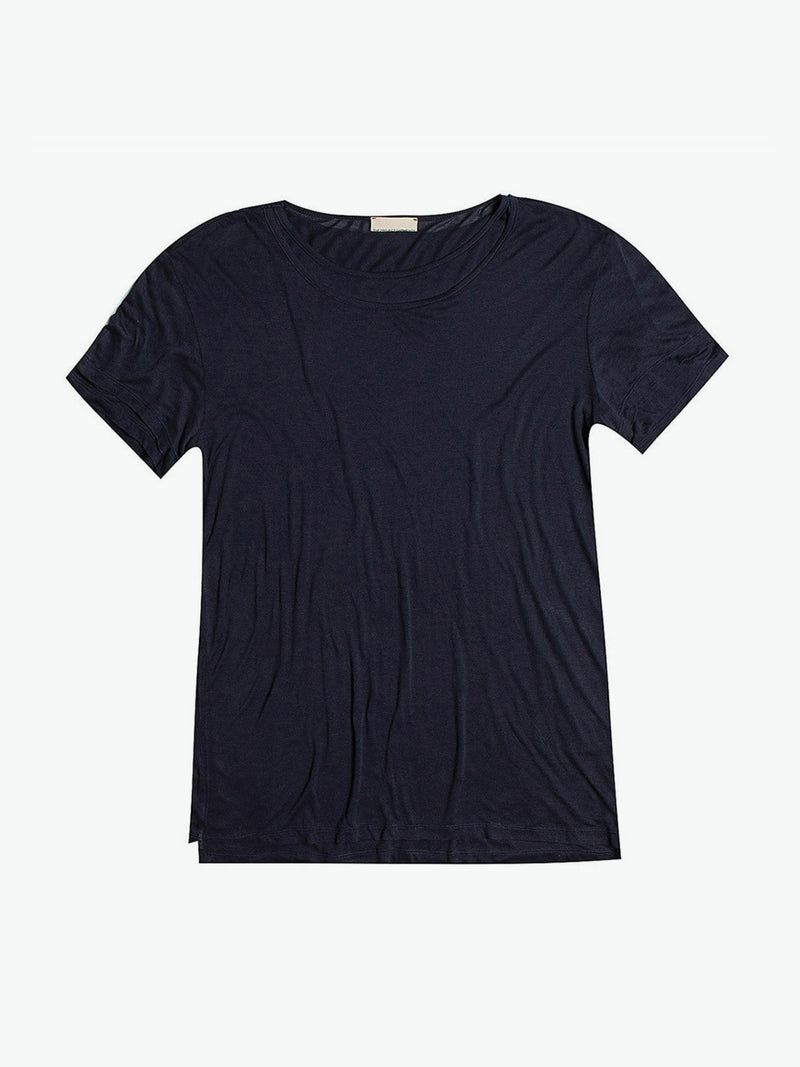 Silk Blend Double Crew Neck T-Shirt Navy Blue | A