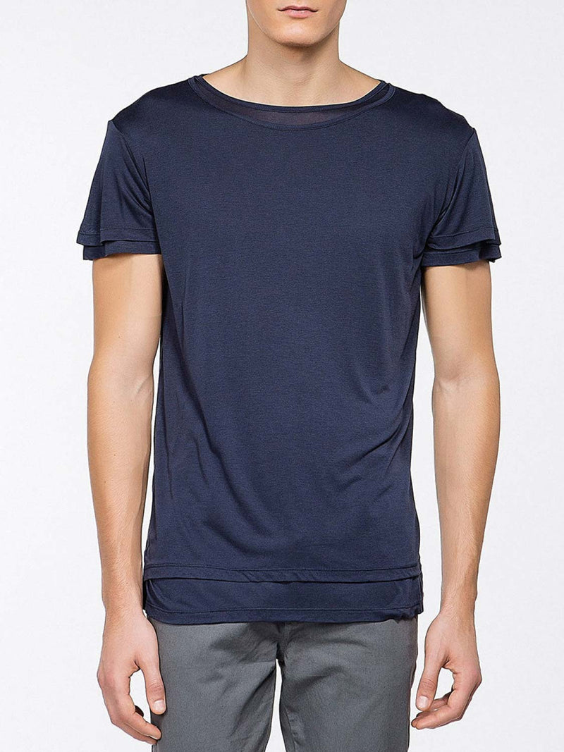 Silk Blend Double Crew Neck T-Shirt Navy Blue | B