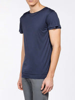 Silk Blend Double Crew Neck T-Shirt Navy Blue | C