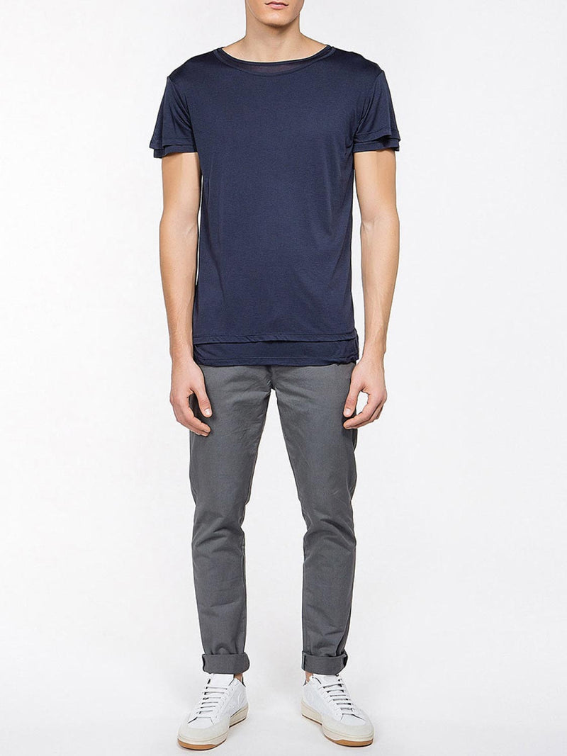 Silk Blend Double Crew Neck T-Shirt Navy Blue | E