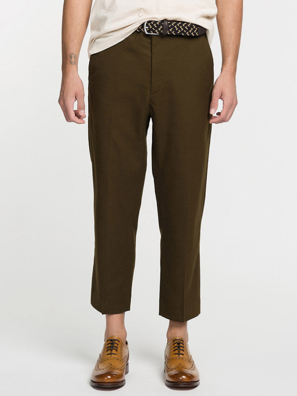 Tan Tapered Cropped Virgin Wool Blend Trousers | B