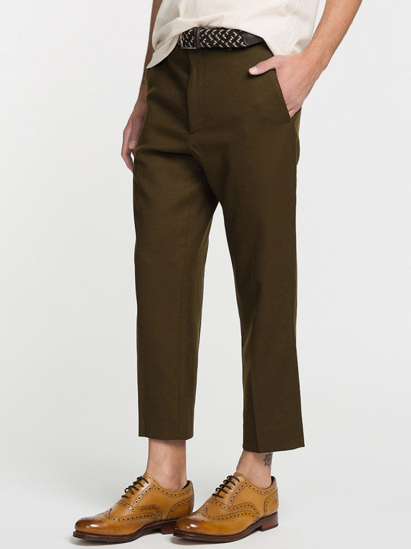 Tan Tapered Cropped Virgin Wool Blend Trousers | C