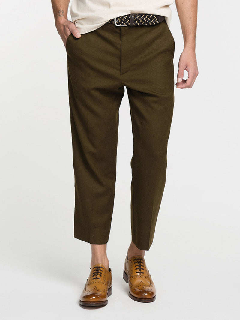 Tan Tapered Cropped Virgin Wool Blend Trousers | E