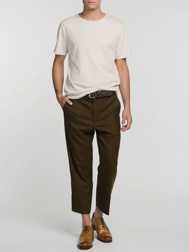 Tan Tapered Cropped Virgin Wool Blend Trousers | F