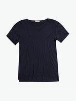Silk Blend Double Layer Crew Neck T-shirt Navy Blue | A