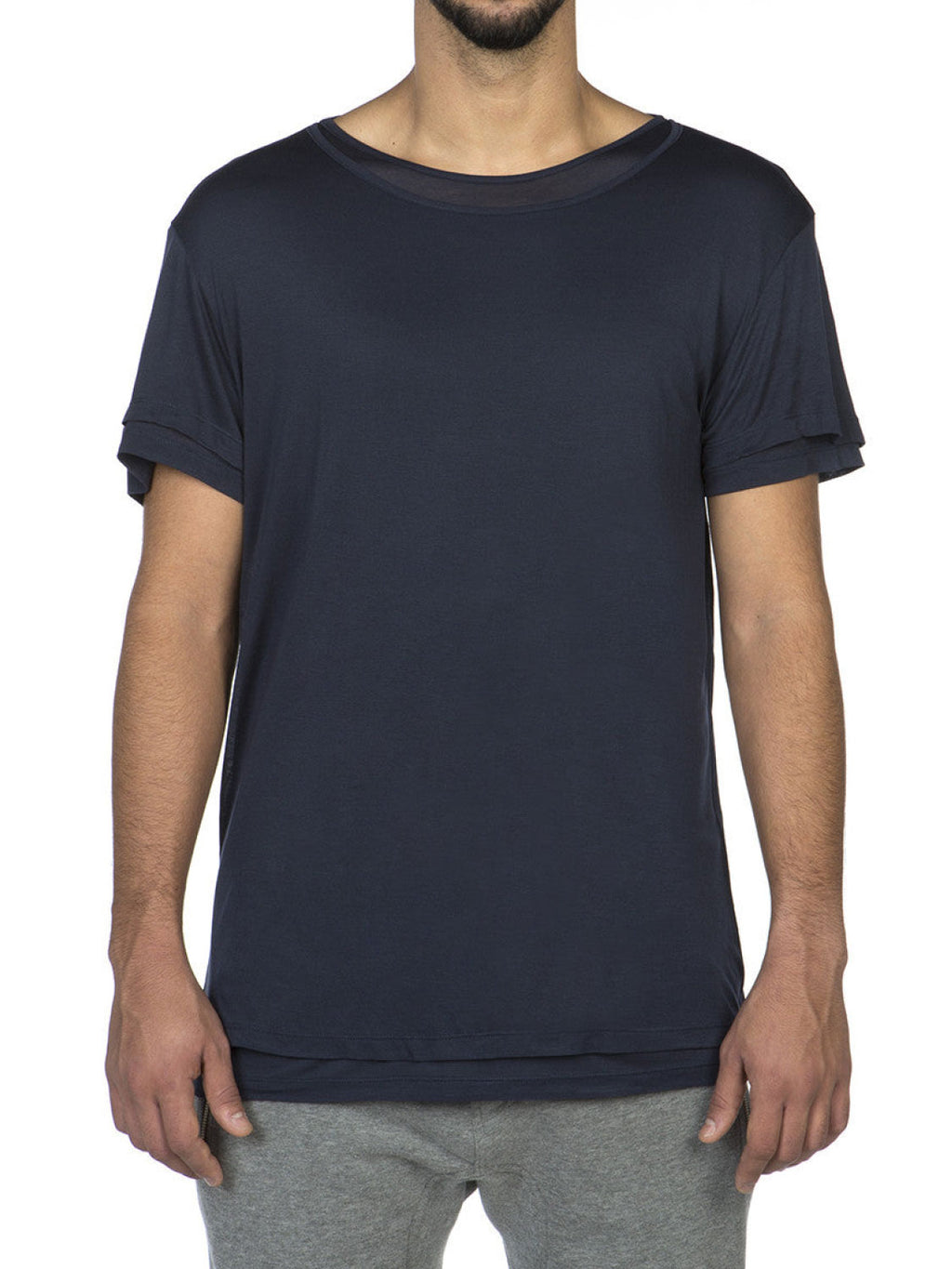 Silk Blend Double Layer Crew Neck T-shirt Navy Blue | B